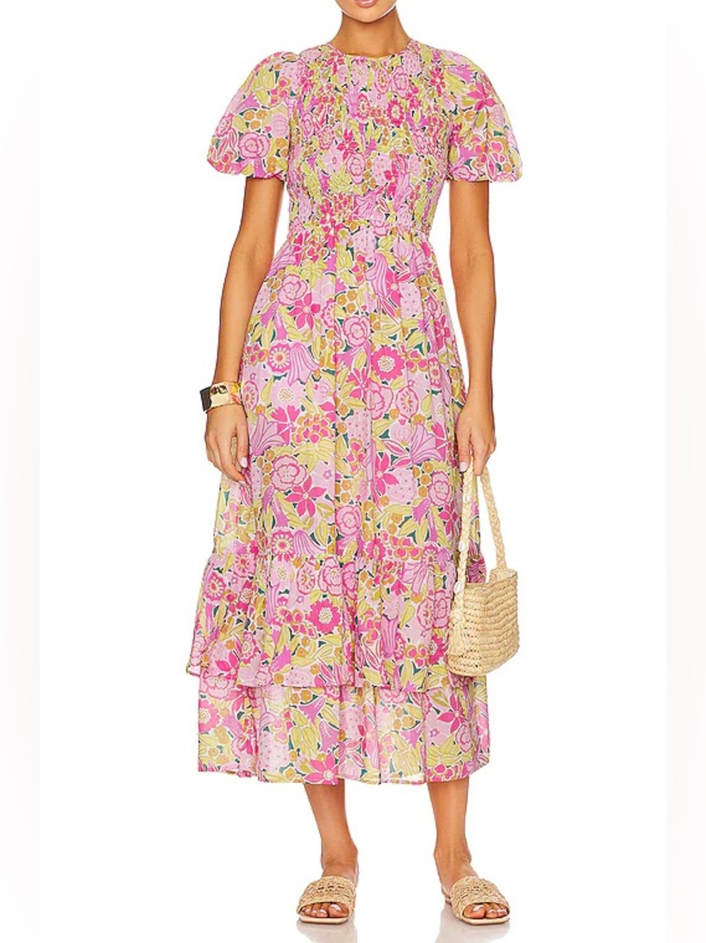 Banjanan Quant Dress in CROCUS Pink Floral Midi Puff Sleeves Size Medium
